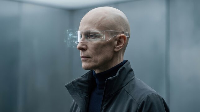Bald figure in side profile wearing a thin transparent visor band around the eyes, futuristic identity and augmented-reality concept, muted gray-blue background, dark minimal clothing, cool diffused