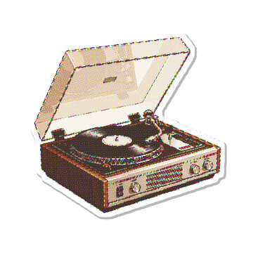 Vintage turntable record player with vinyl disc and open transparent dust cover halftone vector illustration