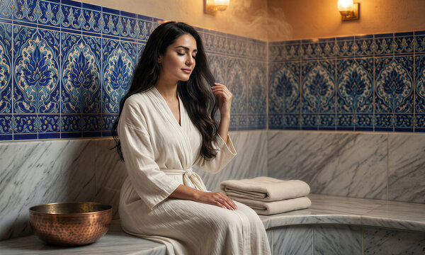 Elegant inviting hammam scene with graceful woman for luxury thermal wellness advertising and spa promotion