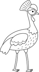 Fototapeta premium Vector cartoon black and white crowned crane. African or safari animal clipart. Cute savannah bird icon for kids. Line savanna element. Africa wildlife illustration, coloring page