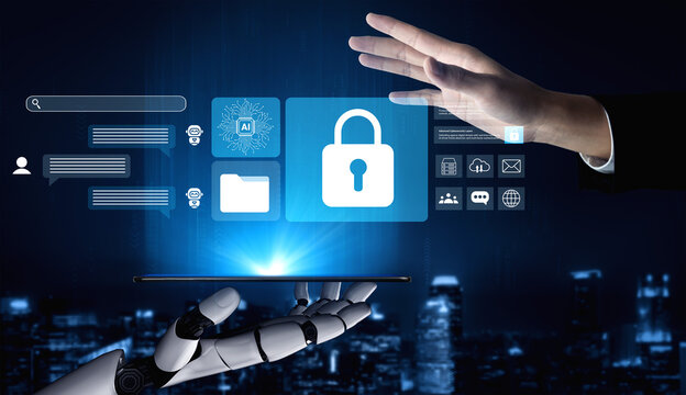 A human hand meets a robotic arm, engaging with digital security icons, symbolizing the blend of human intelligence and advanced technology in data protection. Gantry