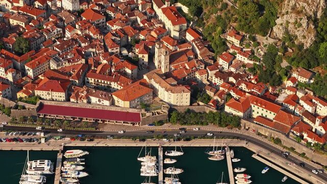 aerial top down view of a stone bell tower rising out of dense terracotta roofs in kotor old town with the marina and promenade below, montenegro