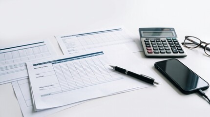 Obraz premium Office desk with spreadsheet printouts calculator smartphone and glasses