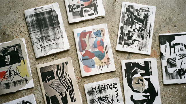 modern graphic design zines with bold black and white print covers