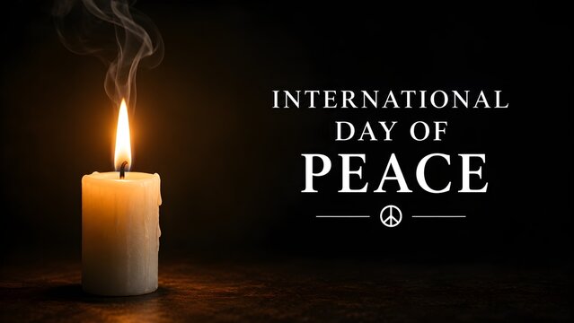 A white candle burns with a soft flame, a minimalist dark background with the elegant text "International Day of Peace".