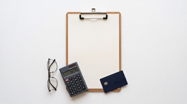 Minimal flat lay with calculator glasses clipboard and credit card on white background