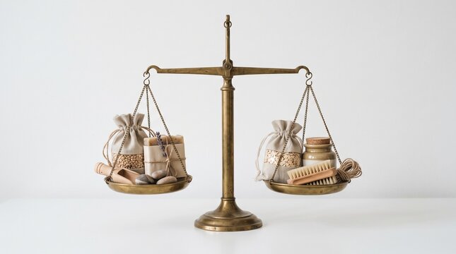 Balanced eco friendly zero waste products on vintage brass scale against white background