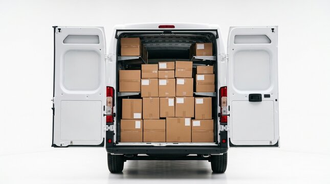Open delivery van loaded with stacked cardboard boxes for shipping logistics