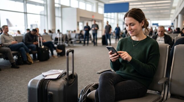 Traveler finalizing a phone order while waiting at the airport terminal