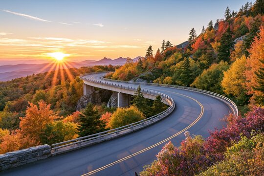 Scenic Winding Mountain Highway Viaduct At Sunset Surrounded By Vibrant Autumn Foliage Concept Of Fall Road Trip Travel And Transport Infrastructure