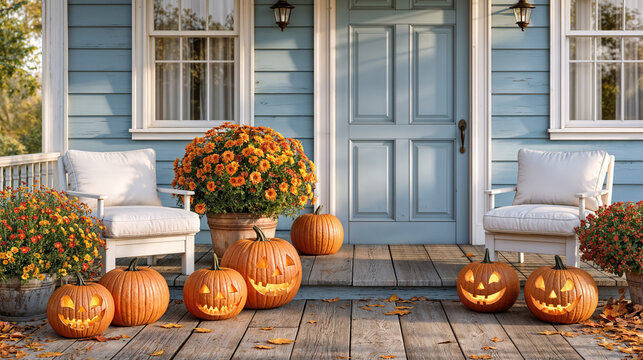 Charming Halloween Front Porch Decorated With Carved Glowing Jack O Lantern Pumpkins Orange Chrysanthemum Flowers And Autumn Leaves Concept Of Fall Home Decor And Seasonal Curb Appeal