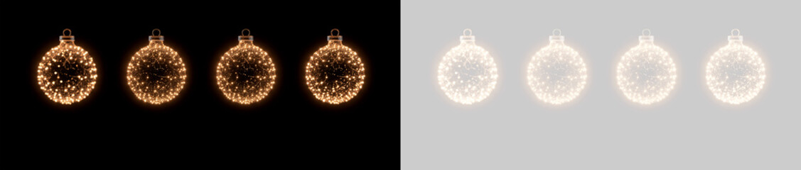 Obraz premium Golden Christmas baubles made of light particles. Sparkling holiday ornaments isolated on black and transparent backgrounds. Festive magic design elements