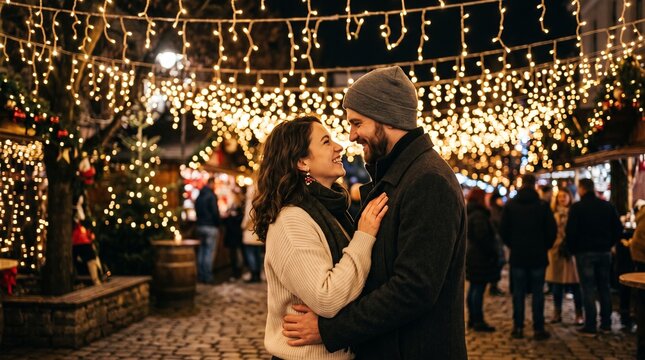 Couple Embracing at a Romantic Christmas Market Illuminated by Warm Fairy Lights