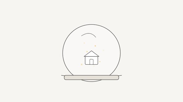 Minimalist line art snow globes with tiny houses floating inside against a pale neutral background with displays three identical
