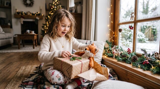 Excited young girl opening a Christmas gift with a stuffed fox toy on a cozy winter day