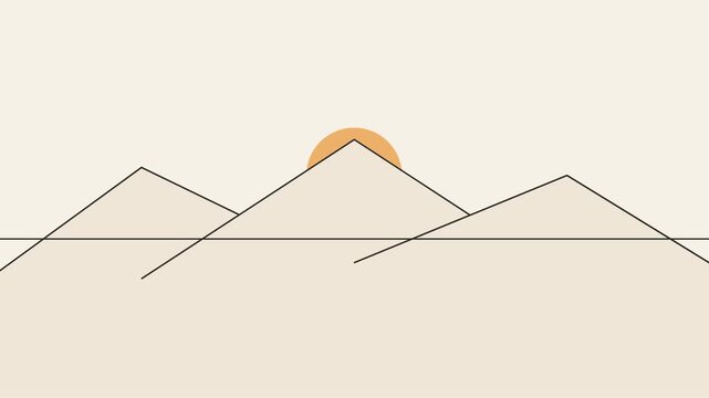 Minimalist line art mountain landscape seamless pattern with rising sun circles in soft beige neutral earthy tones background