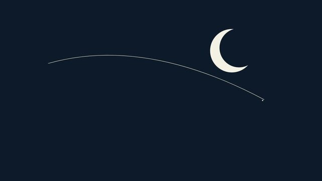 Crescent moon rising above curved horizon graphic animation against solid dark blue background minimalist celestial motion