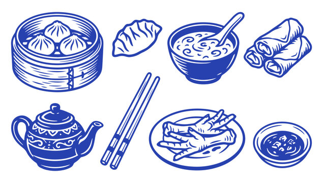 set of traditional chinese dim sum food illustrations in blue ink sketch style