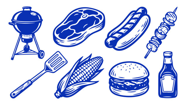 Set of blue barbecue food icons with grill steak burger and hot dog