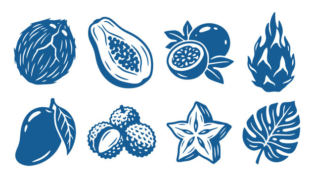 Set of hand drawn exotic tropical fruits and leaf icons in blue style