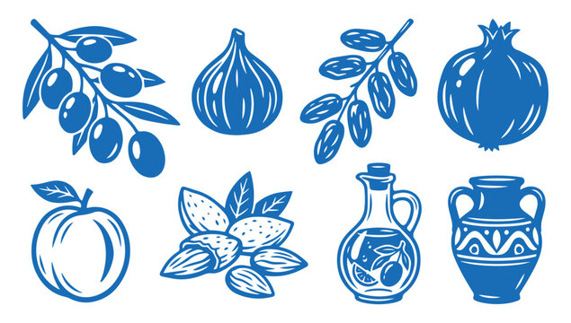 Set of Mediterranean organic food icons featuring olives, fruits, nuts, and traditional pottery