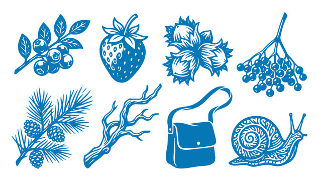 Set of blue vintage hand drawn forest elements icons and nature clip art illustration