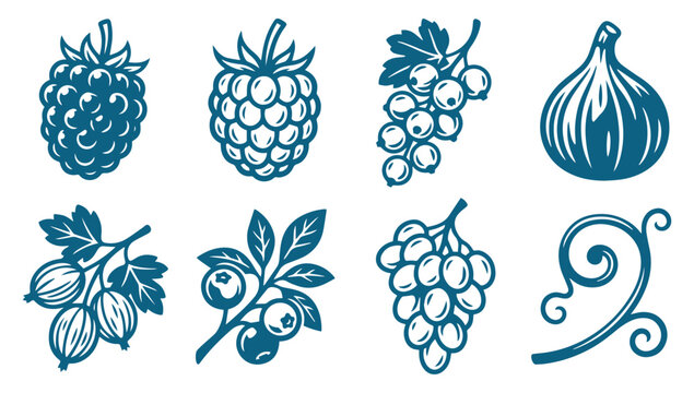 Collection of various fresh berries and fruits in a simple flat blue icon style