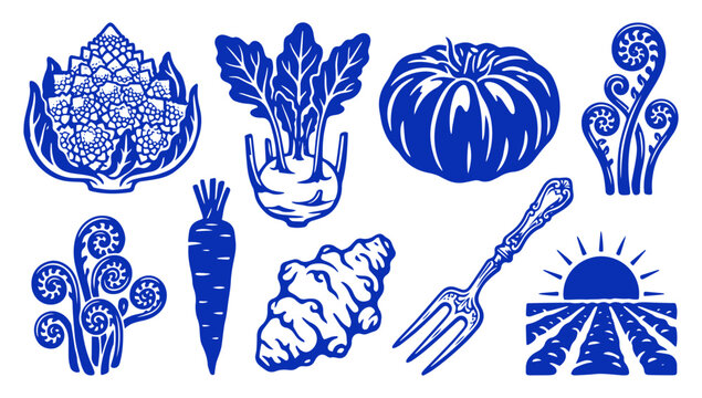 Set of organic vegetables and garden tools in a flat blue vector illustration style