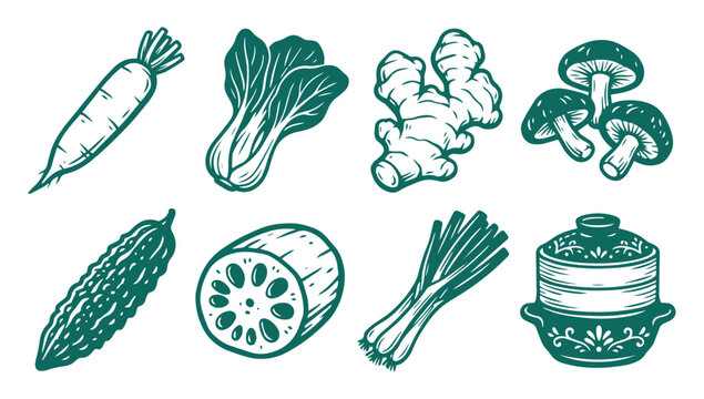 Collection of hand drawn Asian vegetables and kitchen cooking tools for food design
