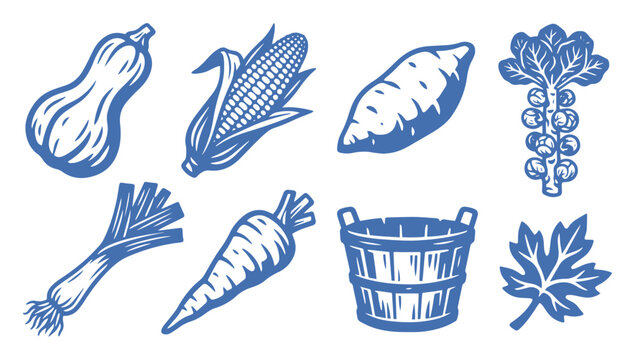 set of hand drawn autumn vegetable icons with squash corn and harvest basket