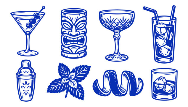 Set of hand drawn cocktail icons featuring glassware tiki mug and bar accessories