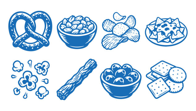 set of snack food icons including pretzels popcorn chips and crackers vector illustration