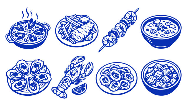 Hand drawn doodle set of fresh seafood dishes and marine culinary icons