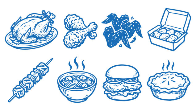 Set of hand drawn fried chicken, burger, soup, and food menu icons illustration