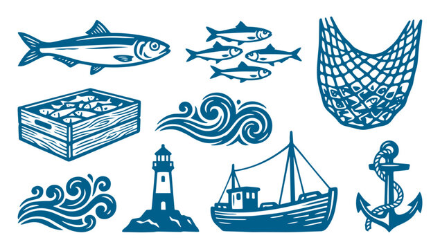 fishing set with boat lighthouse fish crate anchor and waves vector illustration