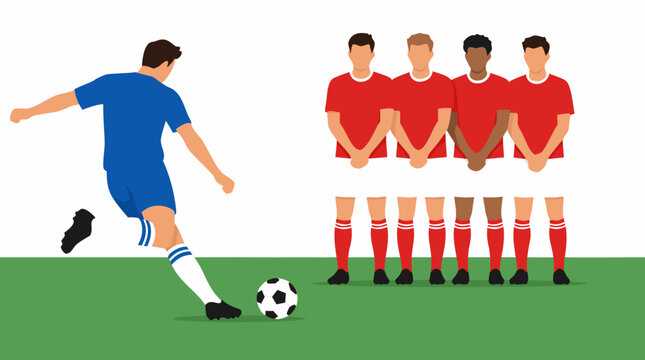 A blue team soccer player taking a penalty free kick against four red team defenders forming a protective wall, football match competition flat vector illustration on a clean white background