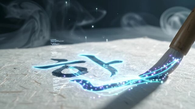 Glowing Korean Hangul Day calligraphy appears under a brush on textured paper. Celebration of Korean alphabet heritage, language learning, culture, and national identity.  