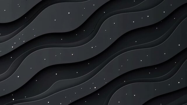 Abstract Dark Wave Pattern: A mesmerizing abstract design features flowing, layered waves in shades of dark grey and black, subtly accented with small, scattered sparkles.