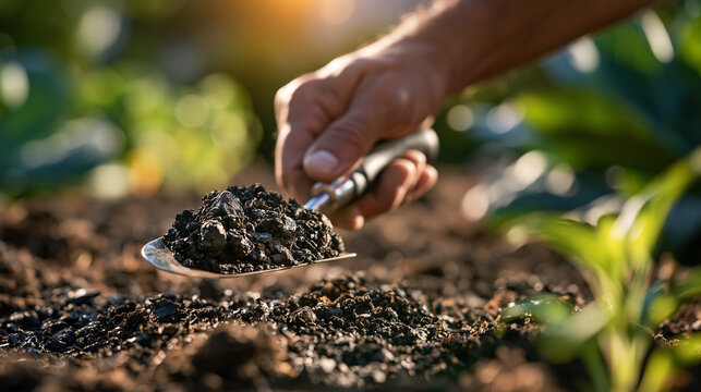 Close up of european hand holding garden trowel with biochar over fresh organic soil cropped composition focused on hand and tool bright natural lighting soil amendment concept