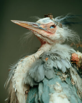 Surreal fantasy bird with pale feathers, long pointed beak and striking blue eye, dressed in weathered textile layers for an imaginative anthropomorphic character portrait.