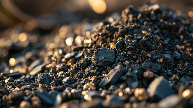 Bright macro close up of biochar soil substrate enhancing fertile loam agricultural carbon sequestration detail natural lighting clean even lighting organic texture sustainable soil