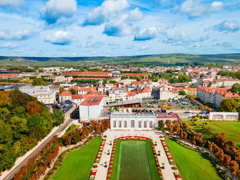Aerial view of Moet and Chandon Orangerie gardens in Epernay, France