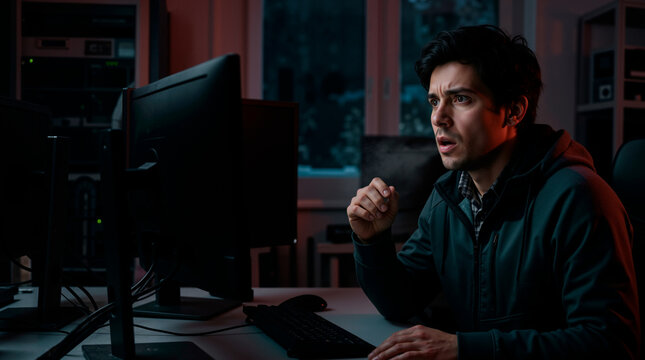 Frightened AI engineer staring at monitor during system failure. Shocked software developer facing power outage crisis in dark office