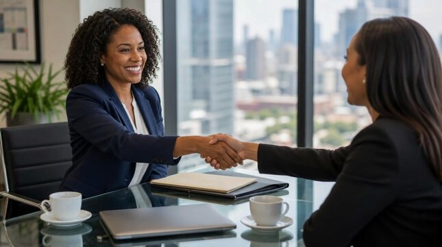 Confident African American businesswoman in tailored blazer shaking hands with seated female client across glass conference table in modern city office