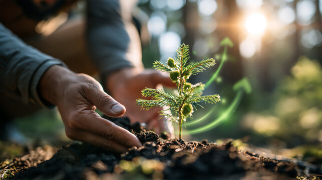 Close up of european gardener's cropped hands planting young tree sapling in forest soil bright natural lighting reforestation concept environmental protection visualization green arrow