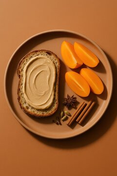Overhead view of a minimal breakfast plate with cream cheese spread on toast beside sliced persimmon and warm autumn spices on a neutral ceramic dish, healthy morning meal concept food photography