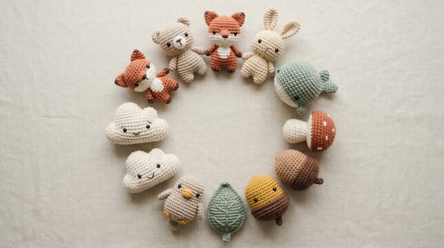 A top view of crocheted plush animal toys arranged in a balanced circular layout with strong empty space in the center against a calming beige and earthy linen background