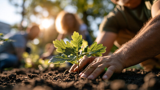 Bright daylight outdoor setting european volunteers planting young oak tree sapling in soil rear view or cropped composition focused on hands and sapling natural lighting community