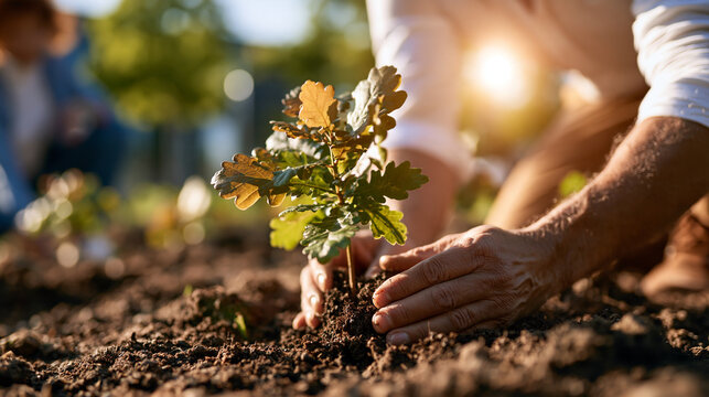 Bright daylight outdoor setting european volunteers planting young oak tree sapling in soil rear view or cropped composition focused on hands and sapling natural lighting community