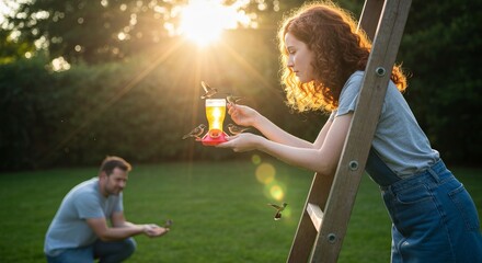 Fototapeta premium Side profile of woman on ladder and man kneeling, feeding hummingbirds and sparrows from small feeders, sunflare, vivid colors, candid moment